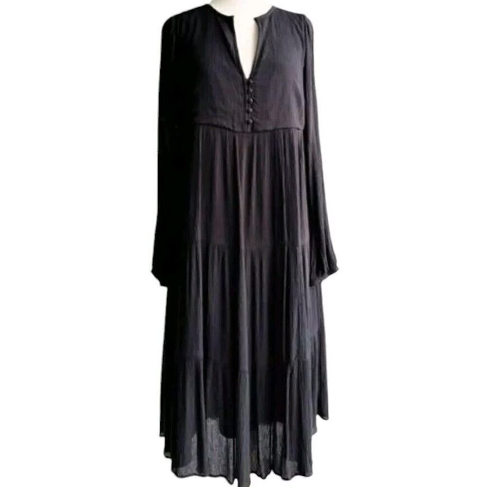 Loft Swing Tiered Midi Dress Black Long Sleeve Crinkle Cloth Split Neck | M NWT